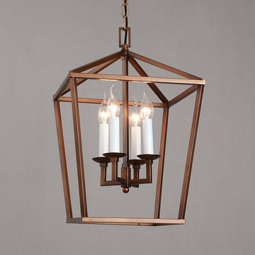 Vintage Geometric Cage Frame 4 Candle Light Kitchen Foyer Suspended Pendant Light in Rust